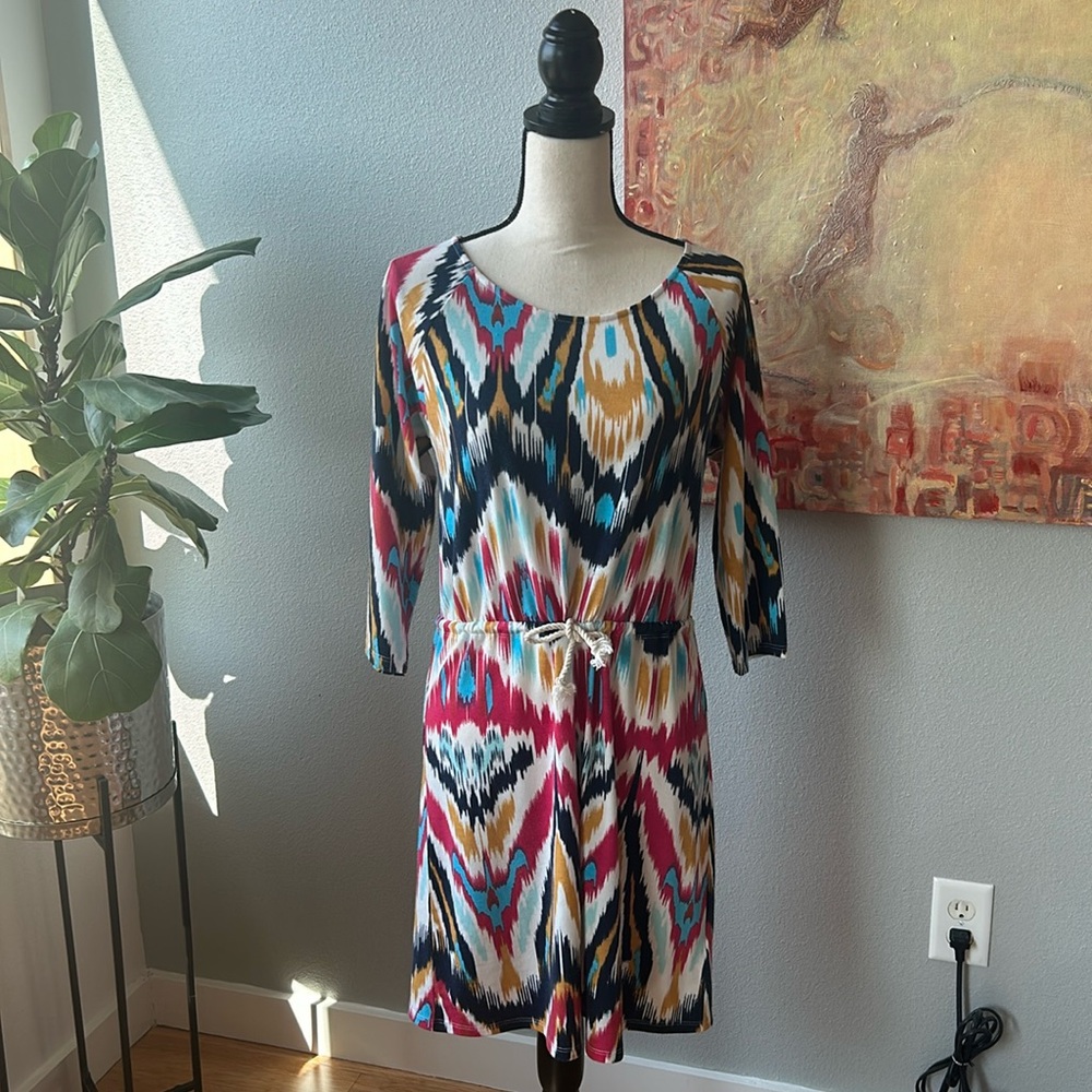 Lilla P Multicolored Ikat Pattern Rope Drawstring Drop Waist Dress